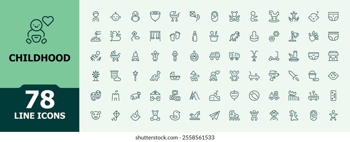 Childhood icon set. Outline icons pack. It contains symbols to fun, cute, kid, activity, play. Editable vector illustration.