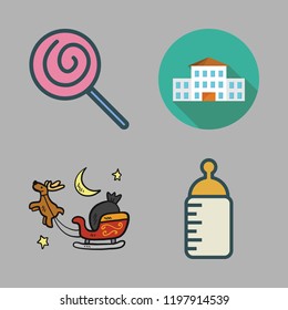 childhood icon set. vector set about feeding bottle, school, lollipop and sled icons set.