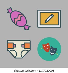 childhood icon set. vector set about drama, draw, candy and diaper icons set.