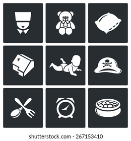 Childhood icons: nurse teddy bear pillow home child pirate tableware time attraction. Vector Illustration