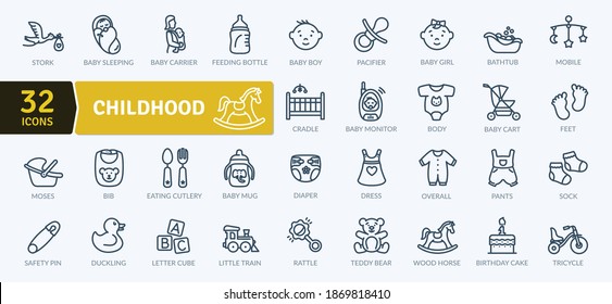 Childhood Icons Pack. Thin line icons set. Flat icon collection set. Simple vector icons