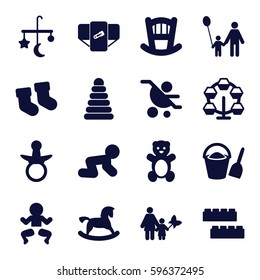 childhood icons set. Set of 16 childhood filled icons such as pacifier, baby bed, baby socks, bed mobile, teddy bear, pyramid, diaper, horse toy, child building kit