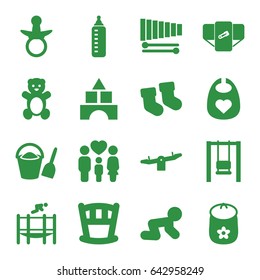 Childhood icons set. set of 16 childhood filled icons such as pacifier, baby bottle, baby socks, teddy bear, diaper, toy tower, swing, family, xylophone, trampoline