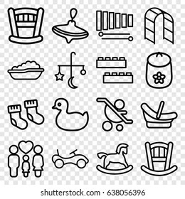 Childhood icons set. set of 16 childhood outline icons such as baby bed, baby socks, bed mobile, duck, horse toy, bike, whirligig, child building kit, playground ladder