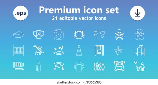 Childhood icons. set of 21 editable outline childhood icons includes diaper, horse toy, baby toy, child playground carousel, swing, father and son, newborn child