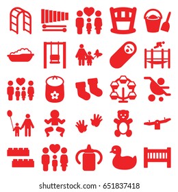 Childhood icons set. set of 25 childhood filled icons such as baby bottle, baby bed, teddy bear, duck, child building kit, swing, playground ladder, family, xylophone