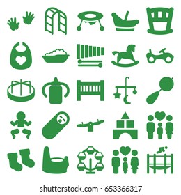 Childhood icons set. set of 25 childhood filled icons such as baby bottle, baby bed, bed mobile, beanbag, horse toy, bike, toy tower, swing, child playground carousel