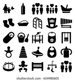 Childhood icons set. set of 25 childhood filled icons such as pacifier, baby bottle, baby bed, bed mobile, pyramid, whirligig, child playground carousel, playground ladder