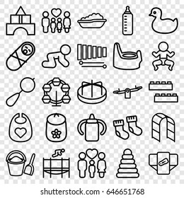 Childhood icons set. set of 25 childhood outline icons such as baby bottle, baby socks, pyramid, duck, beanbag, diaper, child building kit, toy tower, swing