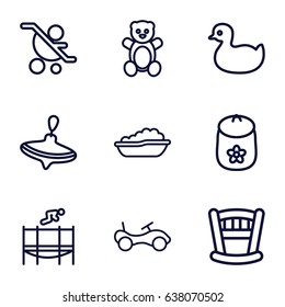 Childhood icons set. set of 9 childhood outline icons such as teddy bear, duck, bike, baby toy, whirligig, baby bath