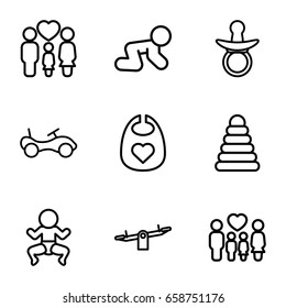 Childhood Icons Set. Set Of 9 Childhood Outline Icons Such As Pacifier, Pyramid, Bike, Baby Bid, Swing, Baby Crawl, Family