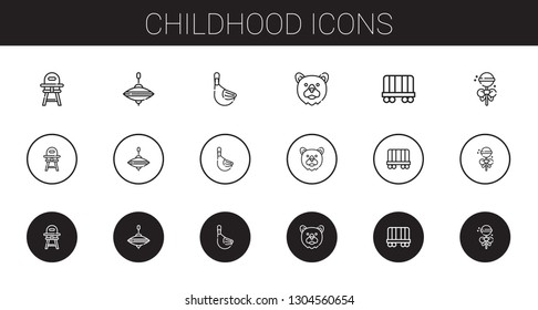 childhood icons set. Collection of childhood with baby chair, whirligig, duck, bear, wagon, lollipop. Editable and scalable childhood icons.
