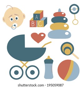 Childhood Icons Set. Elements about Kids. Vector Illustration, Baby Face with Dummy, Ball, Milk Bottle, Heart, Rattle, Candy, Pyramid and Cubes with Letters A,B,C