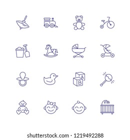 Childhood icons. Set of line icons on white background. Toys, baby, daycare. Nursery concept. Vector can be used for topics like children, childcare, kindergarten