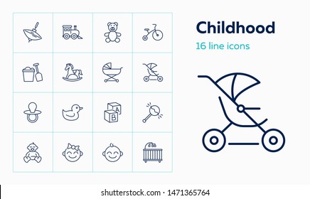 Childhood Icons. Set Of Line Icons On White Background. Toys, Baby, Daycare. Nursery Concept. Vector Can Be Used For Topics Like Children, Childcare, Kindergarten