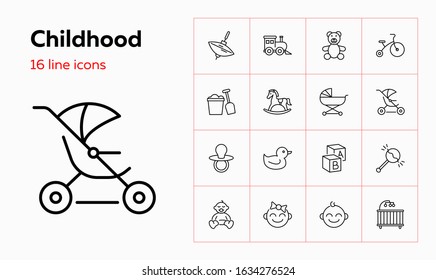 Childhood icons. Set of line icons on white background. Toys, baby, daycare. Nursery concept. Vector can be used for topics like children, childcare, kindergarten