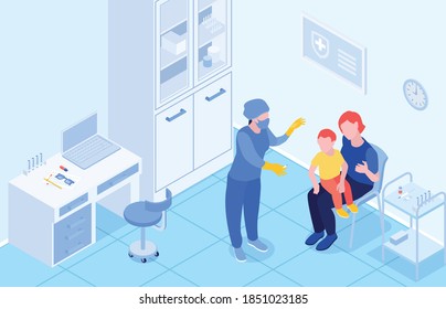 Childhood immunization in medical office isometric vector illustration with nurse vaccinates little baby sitting on mother knees 
