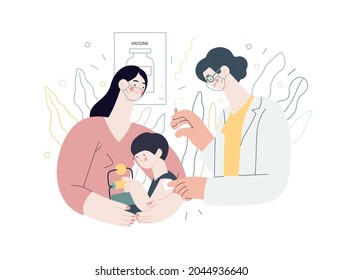 Childhood immunization, vaccination - medical insurance -modern flat vector concept digital illustration. Pediatrician vaccinating a toddler sitting on his mothers knees, medical office or laboratory