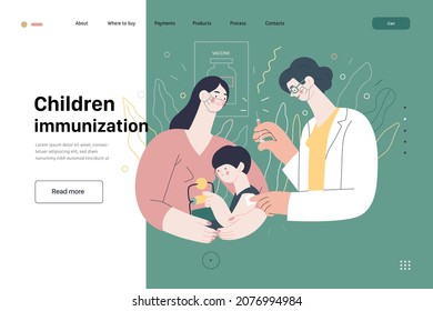 Childhood immunization, vaccination - medical insurance -modern flat vector concept, web template. Pediatrician vaccinating a toddler sitting on his mothers knees, medical office or laboratory