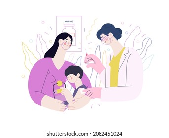 Inmunización infantil, vacunación - seguro médico - moderno concepto de vector plano ilustración digital. Pediatra vacunando a un niño sentado de rodillas a su madre, consultorio médico o laboratorio