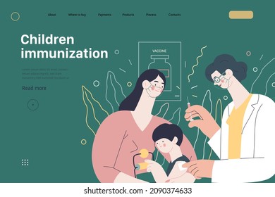 Childhood immunization, vaccination - medical insurance -modern flat vector concept, web template. Pediatrician vaccinating a toddler sitting on his mothers knees, medical office or laboratory