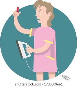 Childhood injuries: a child stands and holds an iron in his hands, cries, burned his finger. Child safety: do not touch hot objects, play with the iron. Vector illustration. Flat infographics