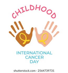 Childhood international cancer day banner, card with black and white child hands and yellow cancer ribbon. Awareness, solidarity, togetherness, concept. Vector illustration. Background, social media.