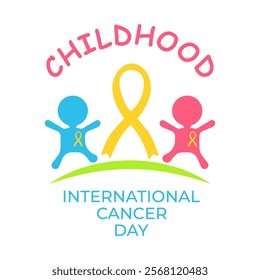 Childhood international cancer day banner, card with kid's shapes and yellow cancer ribbon. Awareness, support, solidarity, help concept. Background, post. Vector illustration.