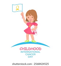 Childhood international cancer day banner, card with cute girl holding a flag with yellow cancer ribbon. Awareness, support, solidarity, attention concept. Background. Vector illustration.