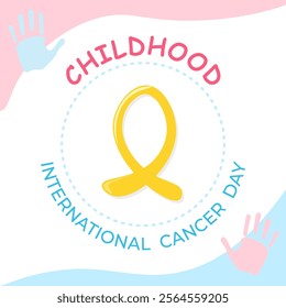 Childhood international cancer day card, banner with yellow ribbon. Awareness, support, hope concept. Vector illustration. Template, social media post, background, paper.