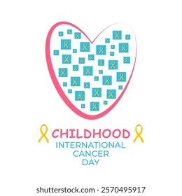 Childhood international cancer day vector banner, card, background. Heart with yellow cancer ribbons. Awareness, support, solidarity, hope, memory, early detection concept. 