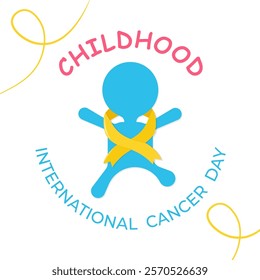 Childhood international cancer day vector banner, card, background with kid wearing yellow cancer ribbon. Awareness, support, solidarity concept. 