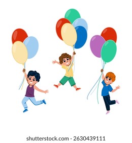 childhood kid boy flying balloon vector. dream freedom, play joy, wonder explore childhood kid boy flying balloon character. people flat cartoon illustration