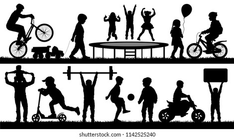 Childhood, kids, different events. Children playing outdoor, silhouette vector set