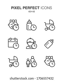 Childhood line icons set on white background, vector symbol. 48x48 Pixel Perfect.