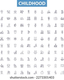 Childhood line icons, signs set. Infancy, Youth, Adolescence, Kids, Playtime, Education, Growing, Joyful, Games outline vector illustrations.