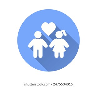 Childhood love icon, vector flat design with long shadow. Depicts a boy and girl with floating hearts above them, symbolizing affection, set within a blue circle.