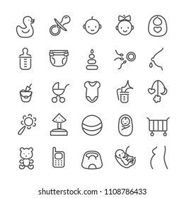 Childhood and maternity simple icon set. Contains such icons as rubber duck, newborn, pacifier, crib, mom with a kid, playground and others, Pixel perfect 48X48 collection, editable stroke.