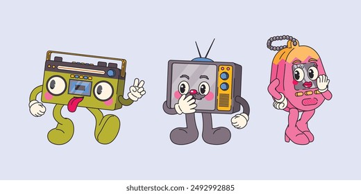 Childhood memories with 90s character design Style : Radio, Television, Tamagotchi, Vector, Illustration