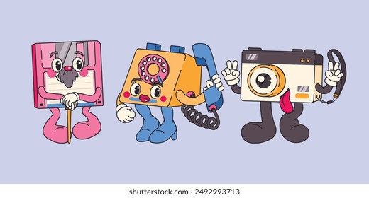 Childhood memories with 90s character design Style : Floppy Disk, Telephone, Camera Film, Vector, Illustration