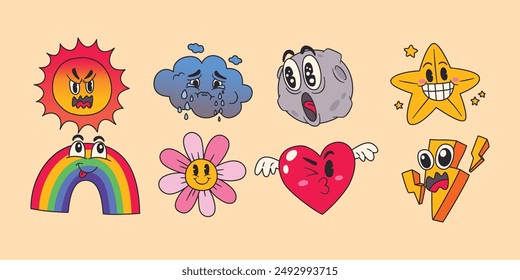 Childhood memories with 90s Emotion, character design Style : Sun, Moon, Cloud, Star, Rainbow, Flower, Heart, bolt, Lightning, Vector, Illustration