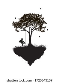 Childhood memories, piece of childhood, boy on swing, park fantasy scene in black and white,  tree on flying rock, silhouette