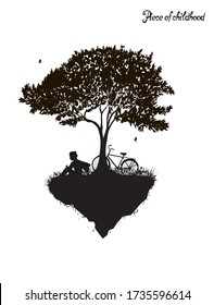 Childhood memories, piece of childhood, boy sitting under the tree with bicycle, park fantasy scene in black and white, tree on flying rock, silhouette