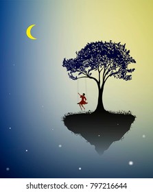 Childhood memories, piece of childhood, girl on swing, fairy, tree on flying rock, silhouette