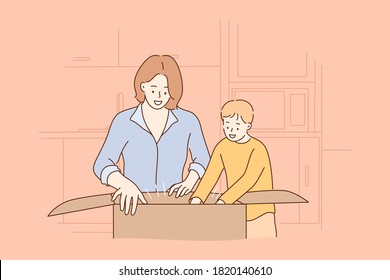 Infancia, maternidad, vacaciones, concepto de celebración. Personajes de dibujos animados de una joven mujer feliz madre e hijo desempacando boxex regalo celebrando año nuevo o envolviendo navidades ilustraciones