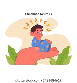 Childhood neurosis concept. Distressed boy in pajamas sits on caring hand, surrounded by lightning bolts showing emotional turmoil. Child stress, anxiety, depression. Flat vector illustration
