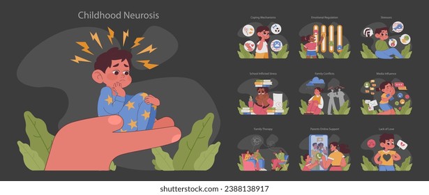 Childhood neurosis dark or night mode set. Children feeling anxious and depressed. Coping methods, school stress, media role, family dynamics. Kid emotional regulation. Flat vector illustration