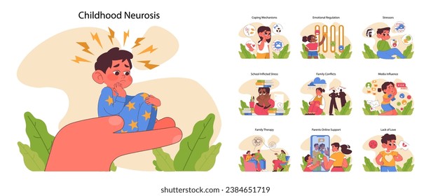 Neurosis-Set für Kinder. Kinder fühlen sich ängstlich und depressiv. Kopiermethoden, Schulstress, Medienrolle, Familiendynamik. emotionale Regulierung, Druck von außen. Flache Vektorgrafik