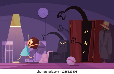 Childhood nightmares background with monsters and darkness symbols vector illustration