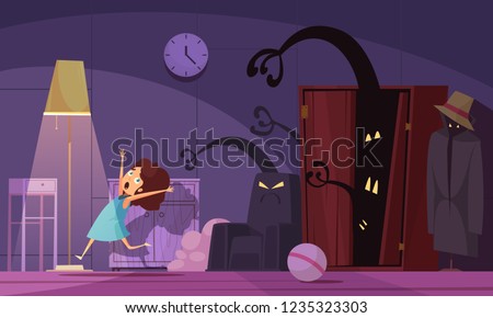 Childhood nightmares background with monsters and darkness symbols vector illustration